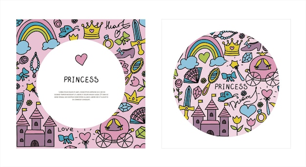 Vector illustration handdrawn sketchy fairy tale princess banners tiara crown doodle design cards se