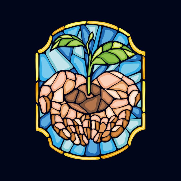 Vector vector illustration of hands carrying plant seeds in stained glass style