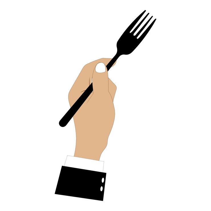 Vector vector illustration of hands holding a spoon fork and knife in black minimalist design cutlery
