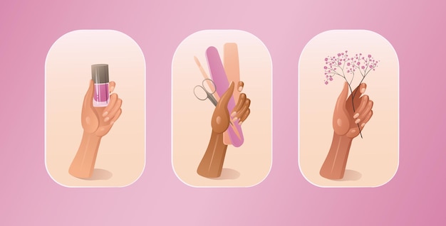 Illustrazione vettoriale mani con strumenti per manicure