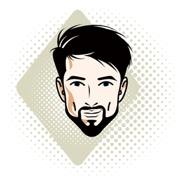 Vector illustration of handsome brunet male face with mustache and beard, positive face features, clipart.
