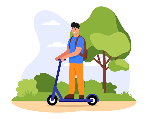 Vector illustration of a handsome guy on an electric scooter artoon scene with a smiling guy riding an electric scooter with a briefcase in a park with sky and clouds trees bushes