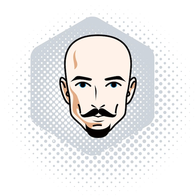 Vector illustration of handsome hairless male face with mustache and beard, positive face features, clipart.