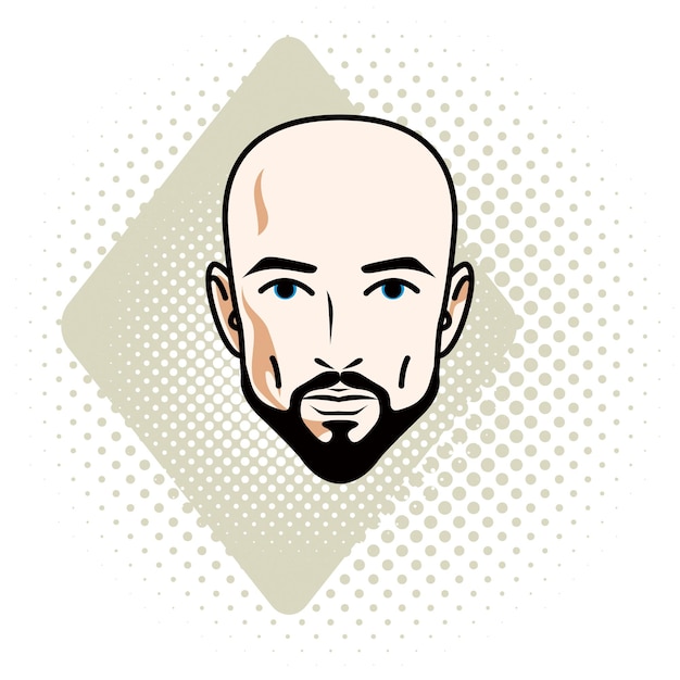 Vector illustration of handsome hairless male face with mustache and beard, positive face features, clipart.