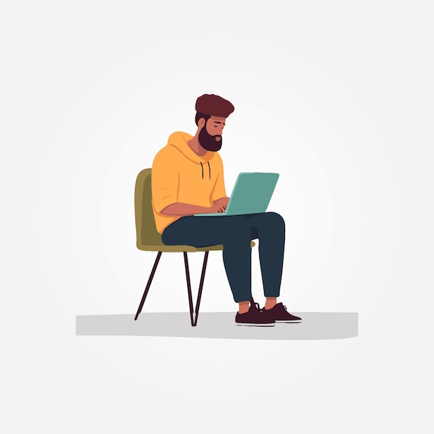 Vector vector illustration handsome man sitting working on his laptop