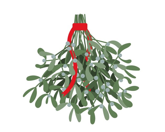 Vector illustration of hanging mistletoe with red bow isolated on white background for Christmas