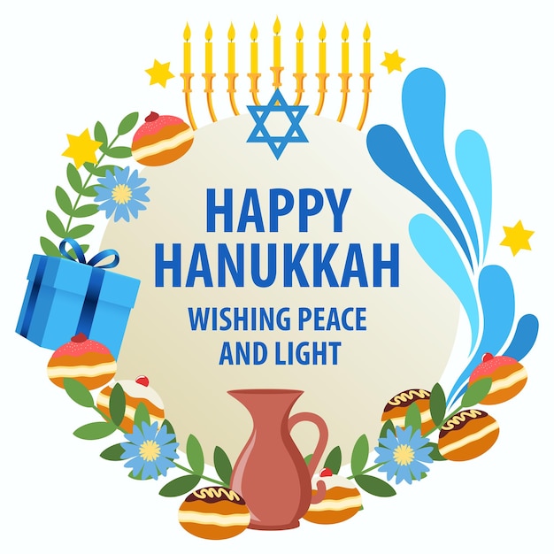 Illustrazione vettoriale dei simboli del cerchio decorativo di hanukkah e delle grafiche per banner o biglietti di auguri