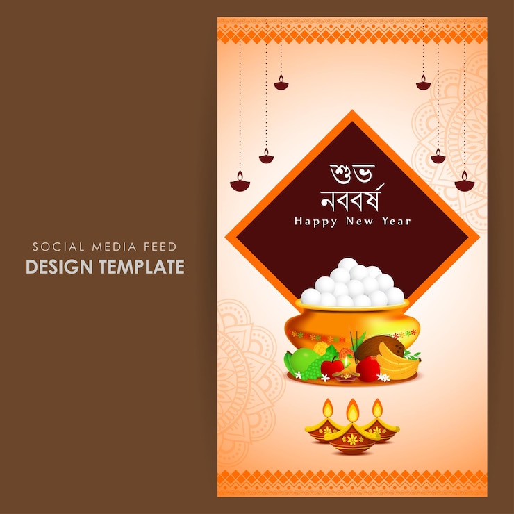 वेक्टर vector illustration of happy bengali new year social media feed template