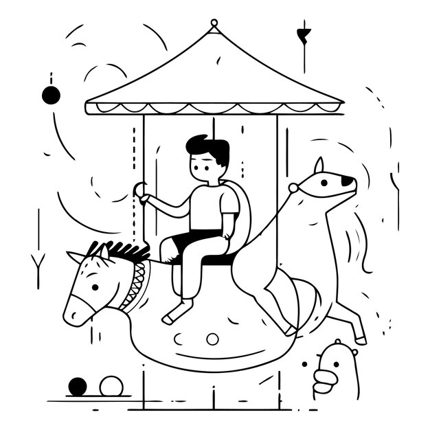 Vector vector illustration of a happy boy riding a horse on a merrygoround