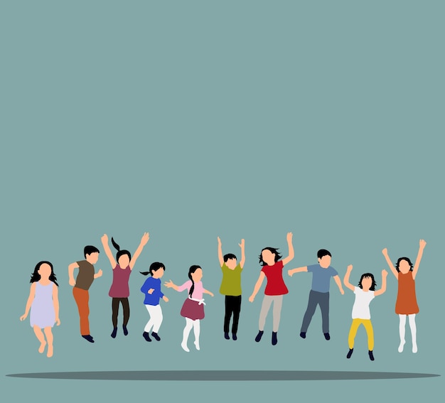 Vector vector illustration of happy children jumping, icons, concept of childhood, friendship, flat style, isometric people