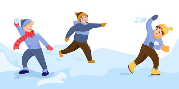 Vector illustration of happy children playing snowballs together in the snow. Funny cartoon characters. Christmas cards