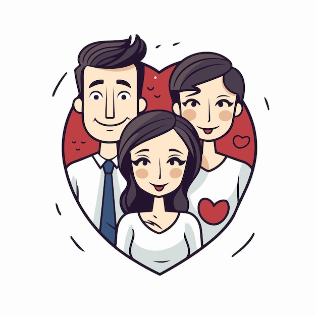 Vector illustration of a happy couple in a heart shape with their parents