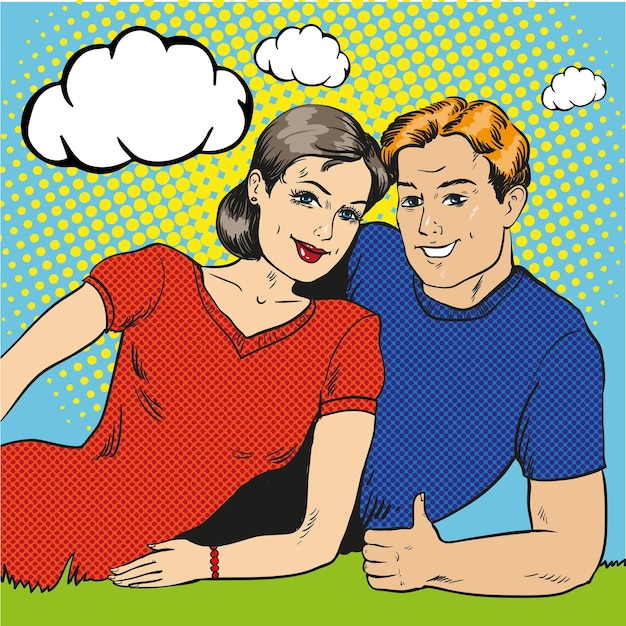 Vettore illustrazione vettoriale di una coppia felice in stile comico retro pop art uomo che mostra il pollice in su con il segno della mano