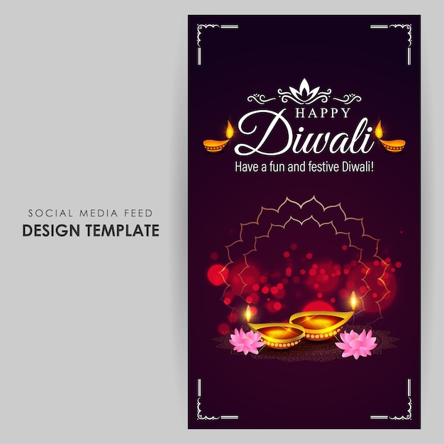 Vettore illustrazione vettoriale del modello di feed dei social media happy diwali