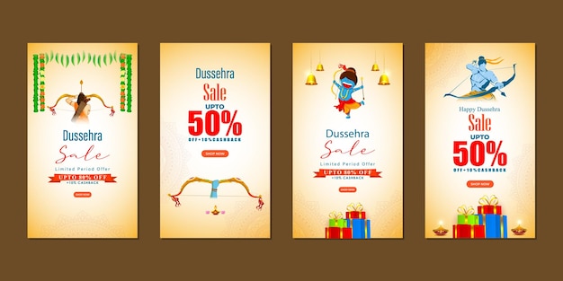 Vector vector illustration of happy dussehra sale social media feed set template