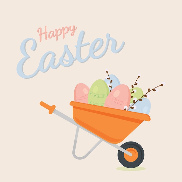 Vector illustration of Happy Easter greeting card with cart eggs and willow twigs