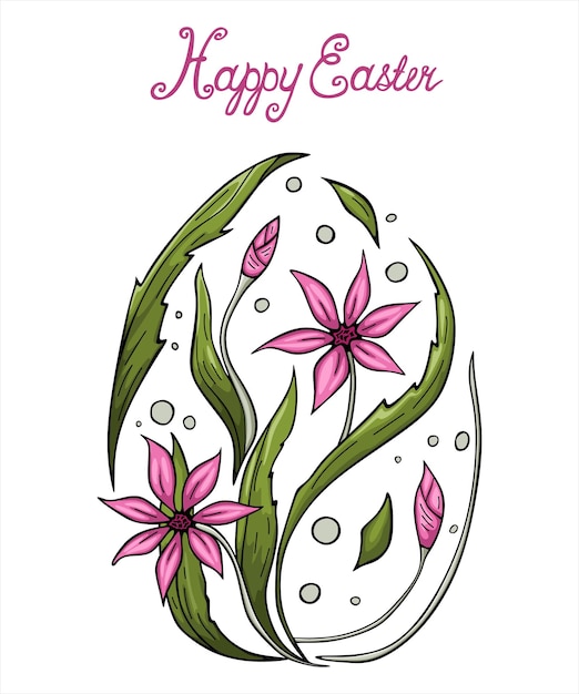 Vector Illustration of Happy Easter Holiday with Painted Egg and Flowers