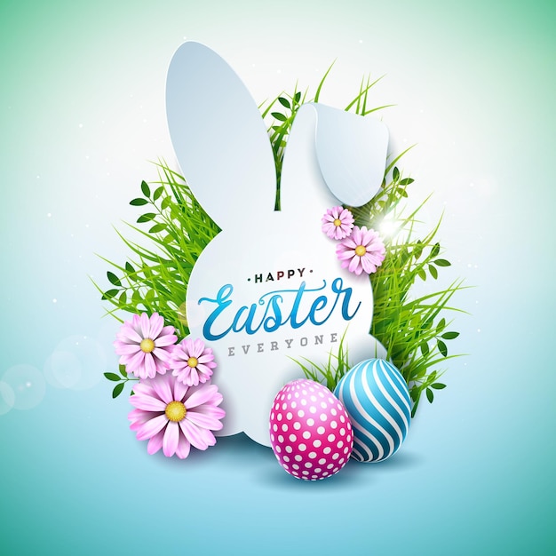 Vector Illustration of Happy Easter Holiday with Painted Egg and Spring Flower on Shiny Background