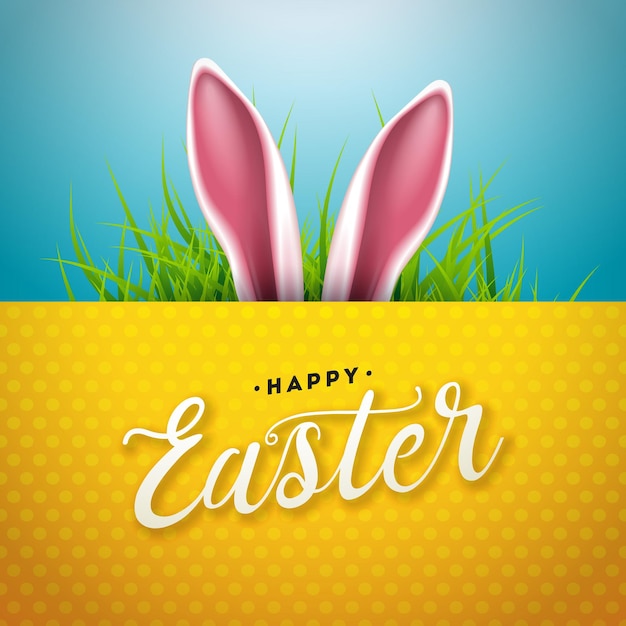 Vector illustration of happy easter holiday with rabbit ear and green grass on shiny blue background