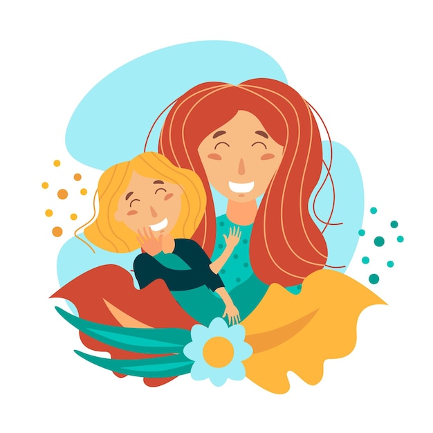 Vector illustration of happy family relatives hug concept with flowers and leaves decorations on a white background