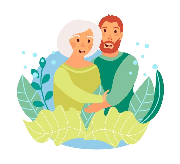 Vector Illustration of happy family Relatives hug concept with flowers and leaves decorations on a white background