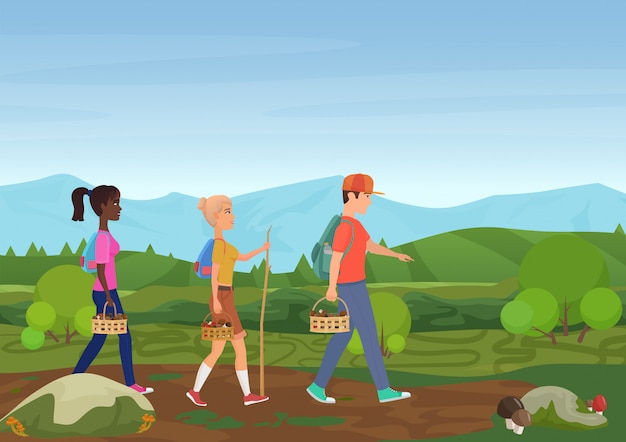 Vector illustration of happy friends walking in nature and picking the mushrooms.