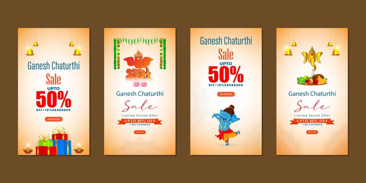 वेक्टर vector illustration of happy ganesh chaturthi sale social media story feed set mockup template
