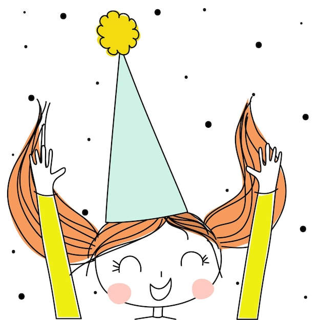 Vector illustration of a happy girl with red hair with hands up happy for a surprise at birthday