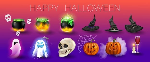 Векторная иллюстрация счастливый набор Хэллоуина. Может использоваться для плаката, баннера, поздравительной открытки, наклейки, флаера или фона. Есть изображение элементов для вечеринки на Хэллоуин. Праздничный мультяшный цветной дизайн.
