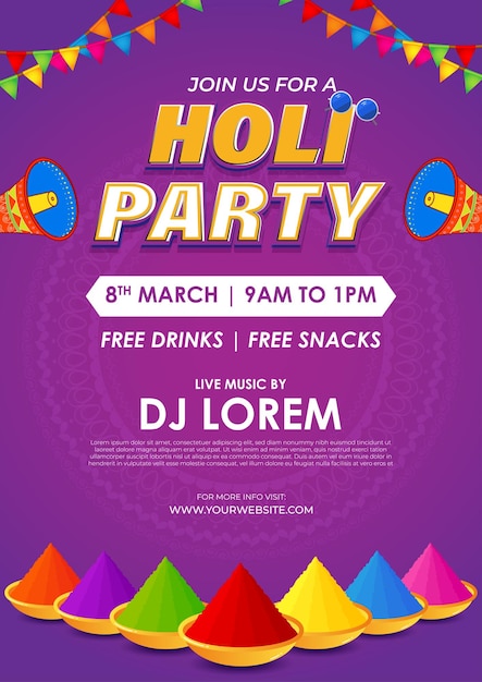 Illustrazione vettoriale di happy holi party invitation template sfondo