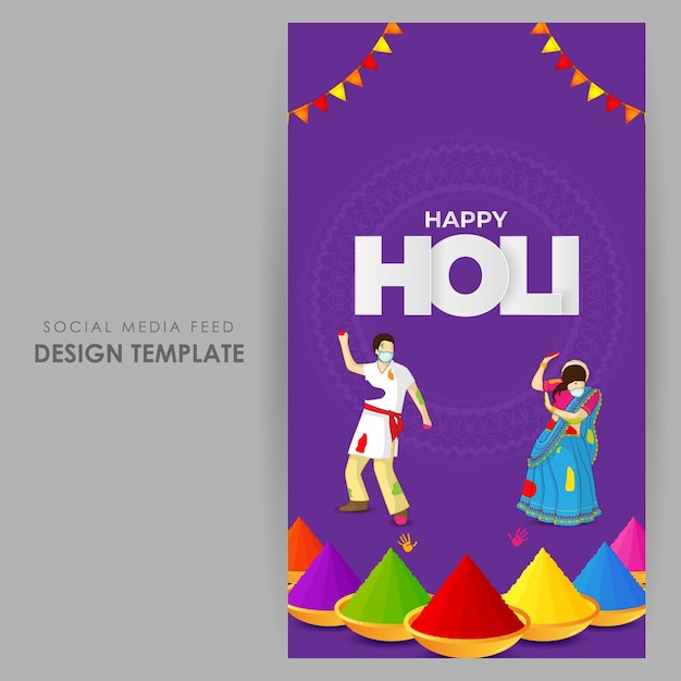 Vector illustration of Happy Holi wishes social media story feed mockup template