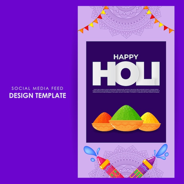 Vector illustration of Happy Holi wishes social media story feed mockup template