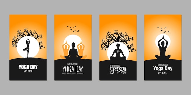 Happy International Day of Yoga 소셜 미디어 스토리 피드 세트 모형 템플릿의 벡터 그림
