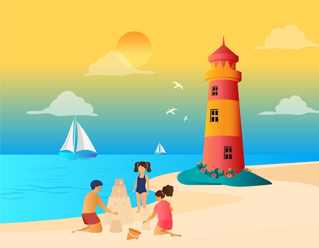 Векторная иллюстрация счастливых детей, играющих на пляже