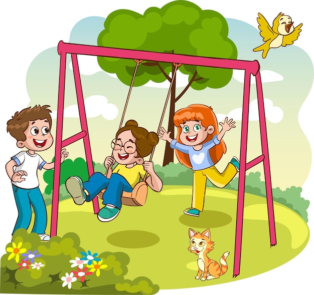 Illustrazione vettoriale di bambini felici che giocano nel parco giochi