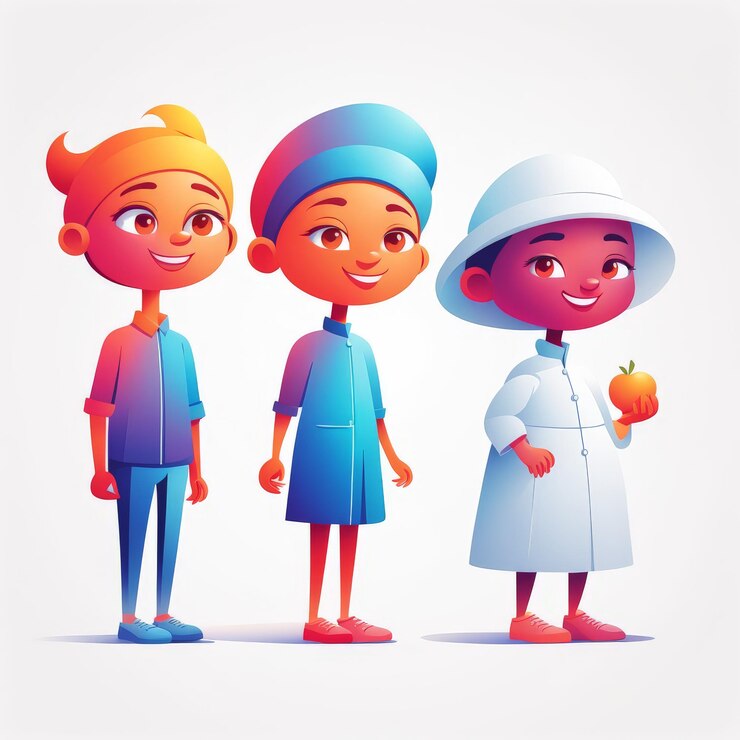 Vector vector illustration of happy kids wearing costumes and uniforms cartoon character