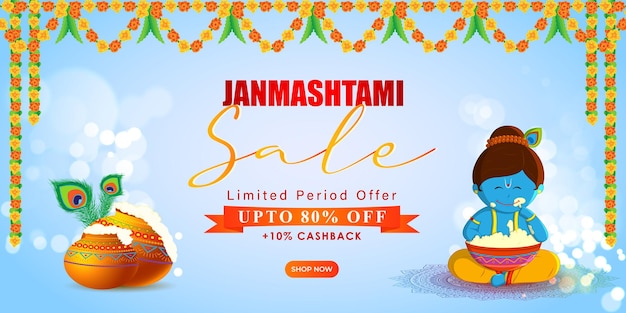 Vector illustration of Happy Krishna Janmashtami Sale social media feed template