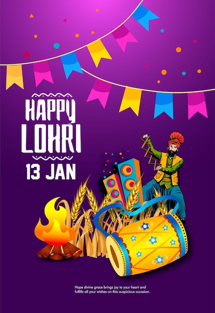 Vettore illustrazione vettoriale di happy lohri holiday festival del punjab india con bellissimo sfondo