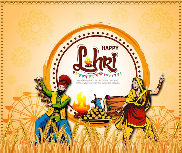 vector illustration of Happy Lohri holiday festival of Punjab India with beautiful background