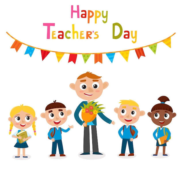 Векторная иллюстрация счастливого учителя человека с цветком и учениками в мультяшном стиле, изолированные на белом. Счастливый день учителя.