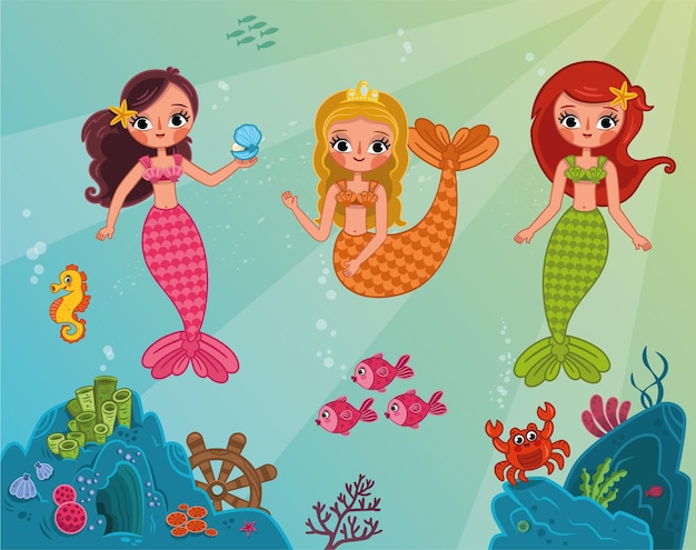 Vector illustration of happy mermaids Three beautiful cartoon mermaid characters under the water