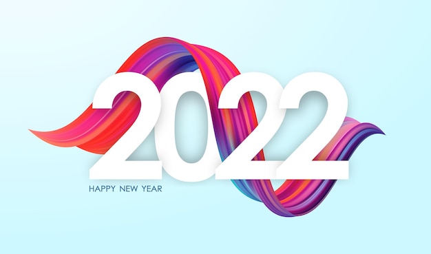 Vector illustration: Happy New Year 2022. Greeting card with colorful abstract twisted acrylic paint stroke shape. Trendy design