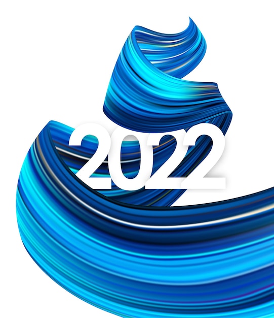 벡터 벡터 일러스트 레이 션: 새해 복 많이 받으세요. 트위스트된 파란색 페인트 획 모양이 있는 2022의 수입니다. 트렌디한 디자인.