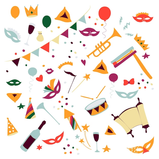 Vector illustration Happy Purim carnival set of design elements