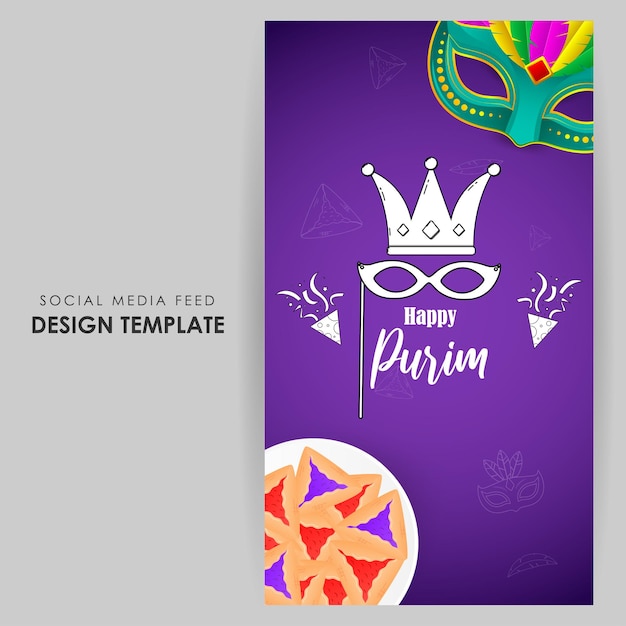 Vector illustration of Happy Purim social media story feed mockup template