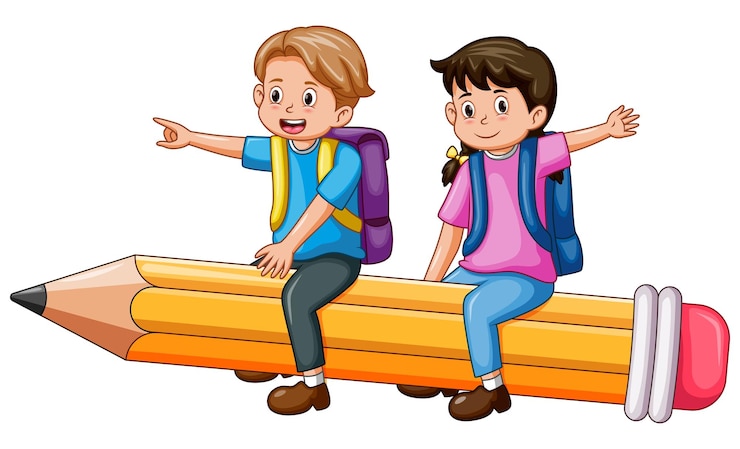 白い背景で隔離空飛ぶ鉛筆に乗って幸せな学校の子供たちのベクトルイラスト