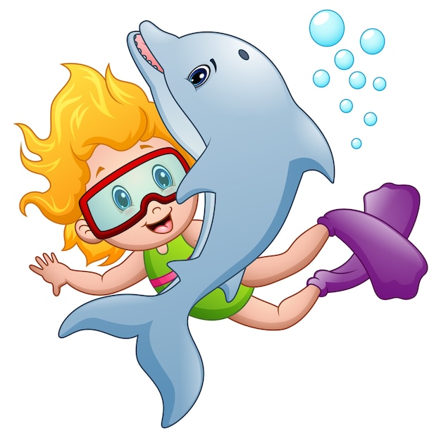 Векторная иллюстрация Happy snorkeling девушка с дельфином