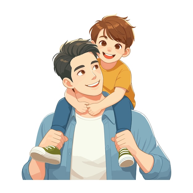 Vector vector illustration of a happy son sitting on his dads shoulder