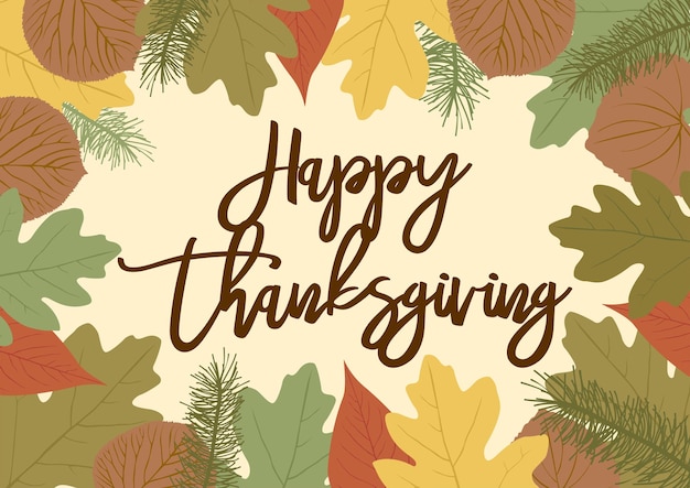 Illustrazione vettoriale di testo happy thanksgiving con decorazione di foglie