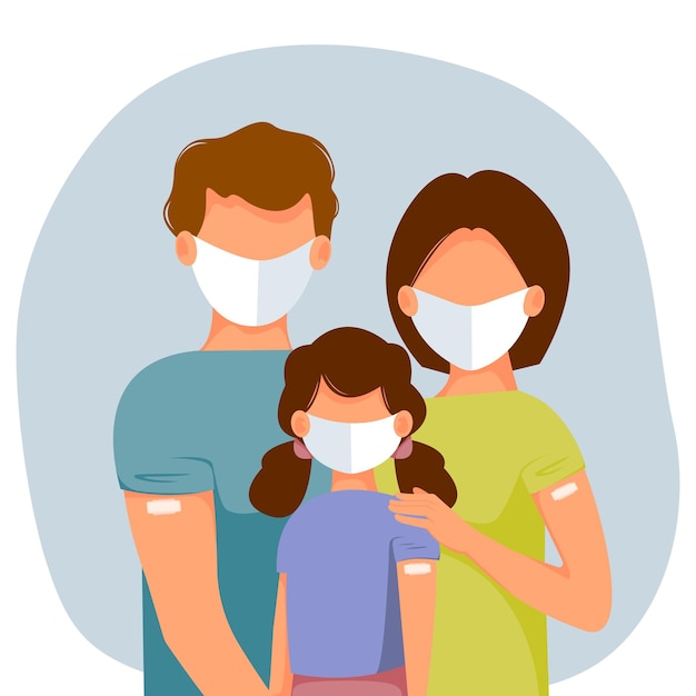 Vector illustration of happy vaccinated family with kids in masks Mother father daughter